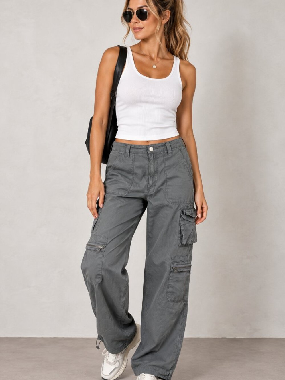 refuge Gray Cargo Boot-Cut Functional Utility Style Trousers